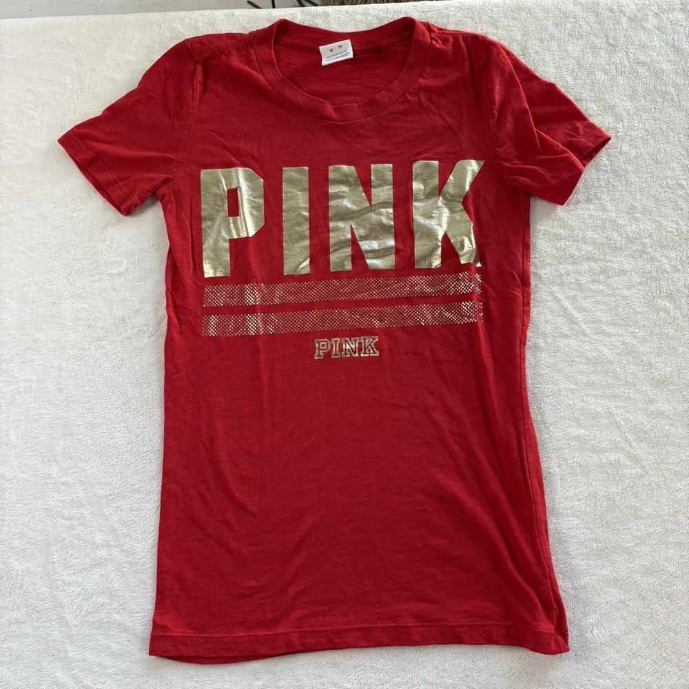 OG PINK Victoria's Secret Y2K Red Gold Logo Tee XS Baby‎ Tee Slim Fit Mallcore